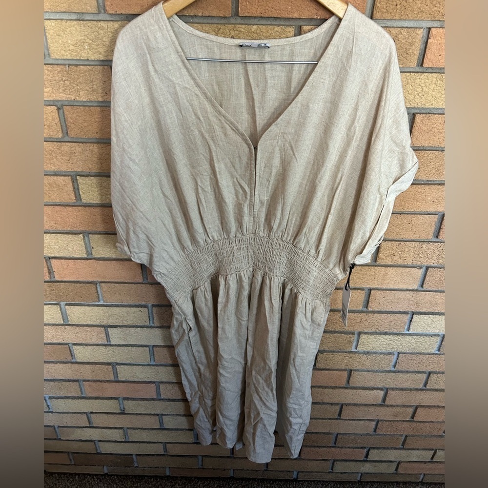 NWT Dex Tan Linen Blend Dolman Sleeve V Neck Midi Dress Size 1X